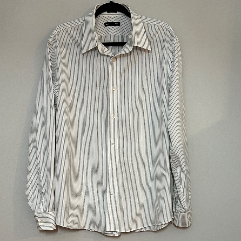 Express Design Studio White and Black Pin Striped Collared Dress Shirt Button - Picture 1 of 11